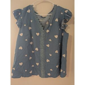 SHEIN Women’s Blue Heart Print Blouse – Size 2XL – NWOT – Ruffle Sleeve